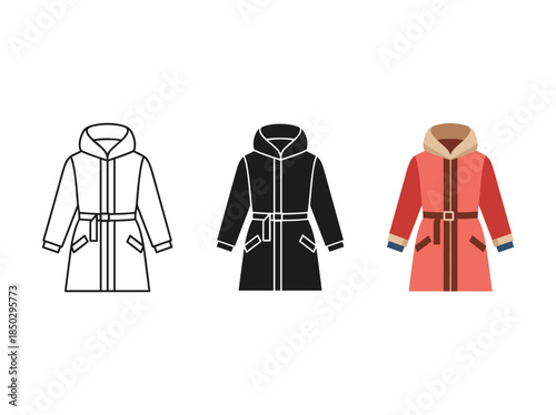 Three winter parka coats in different colors with hood