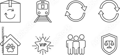 Outline icon set featuring return package, train transport, refresh arrows, pet home, VIP badge, team group, and legal protection symbols
