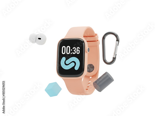 Smartwatch with peach band and accessories isolated isolated on transparent background