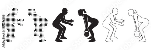 Diverse fitness styles: pixel art, silhouette, and outline figures performing a kettlebell exercise