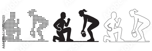 Athletic couple performing kettlebell exercises, demonstrating fitness and strength training.