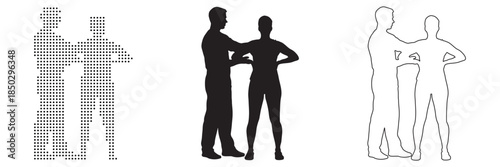Two people demonstrating a pose or exercise together, shown in different graphic styles
