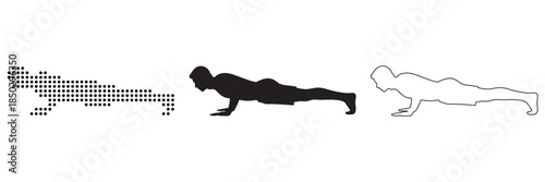 Three representations of a person performing a push-up exercise, from pixelated to silhouette to outline