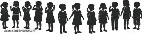 Set of children silhouettes with boys and girls in different standing poses, side and front views, black figures isolated on white