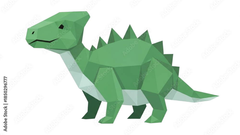 Obraz premium Stylized Low-Poly Green Dinosaur with Geometric Shapes and Spikes, A Child-Friendly Prehistoric Creature Illustration