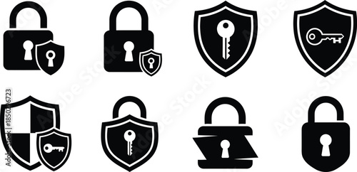 Collection of security icons featuring locks and shields in black and white