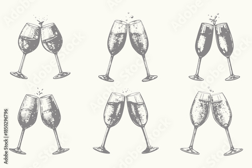 Two wine glasses with splash drinks vector illustration. Sketch glass set for drinks cards, bar and wedding menus, cards and website graphics. Eps 10
