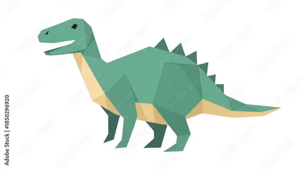 Fototapeta premium Cute cartoon dinosaur illustration, low poly art style, vibrant teal green prehistoric creature