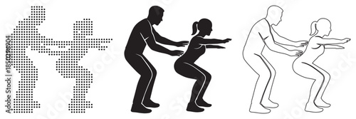 Trainer guiding person through a squat exercise with supportive hands