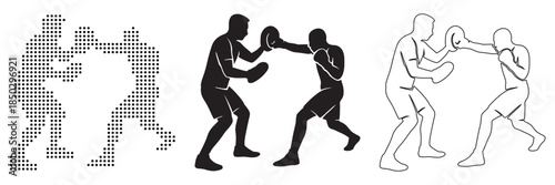 Two boxers sparring intensely, one throwing a punch while the other defends.