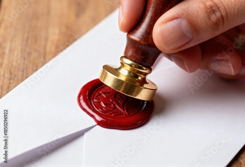 A hand is using a brass stamp with a wooden handle to press into hot red sealing wax on a white envelope, conveying a sense of classic formality, security, and importance.