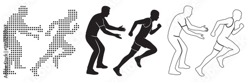 Athletes in motion, showcasing the evolution of representation from pixelated to silhouette and line art.