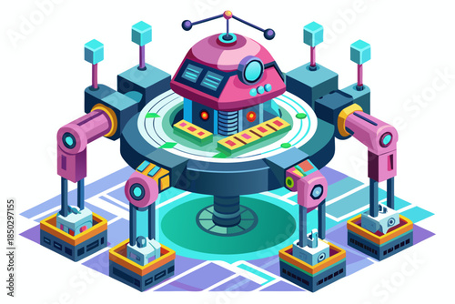 High-tech holographic robotic assembly system on white background