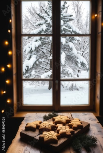 Snowy forest landscape seen through a wooden window frame on a cold winter day