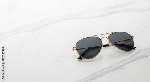 Luxury aviator sunglasses with a gold frame rest elegantly on a pristine white marble surface.