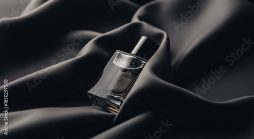 A perfume bottle presents luxury fragrance lying on black silk.