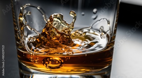 A whiskey splash freezes mid-air inside a liquor drink, creating an exquisite alcohol beverage.