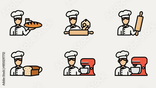 Collection of six chef icons demonstrating various baking activities and equipment.