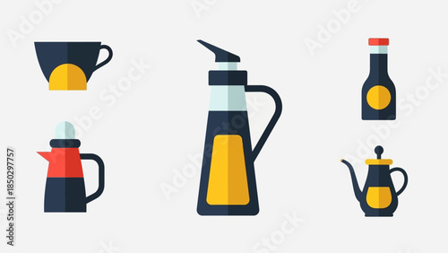 Collection of Various Kitchen Cruets and Bottles for Sauces and Oils.