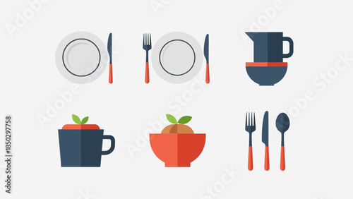 Collection of various kitchenware and food items in a flat design style.