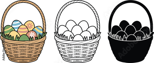 Easter basket filled with decorated eggs silhouette & Outline and illustration set isolated on transparent background