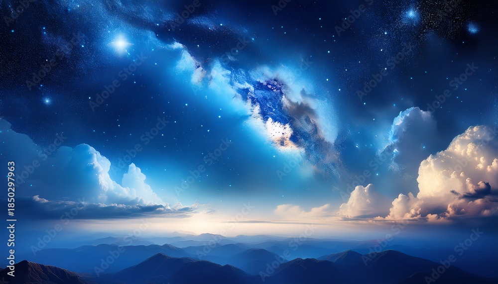 Fototapeta premium Cosmic Clouds Blue Sky Stars Cosmic Blue Clouds Night Sky Galaxy Stars Universe Dark Sky Blue Celestial Clouds