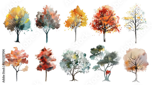 Set of trees watercolor isolated on white background