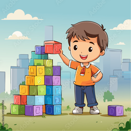 Little Boy Building a Tower with Blocks 3