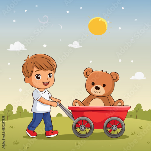 Little Boy Pulling His Teddy Bear in a Red Wagon 5