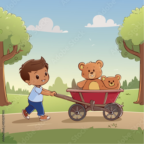 Little Boy Pulling His Teddy Bear in a Red Wagon 6