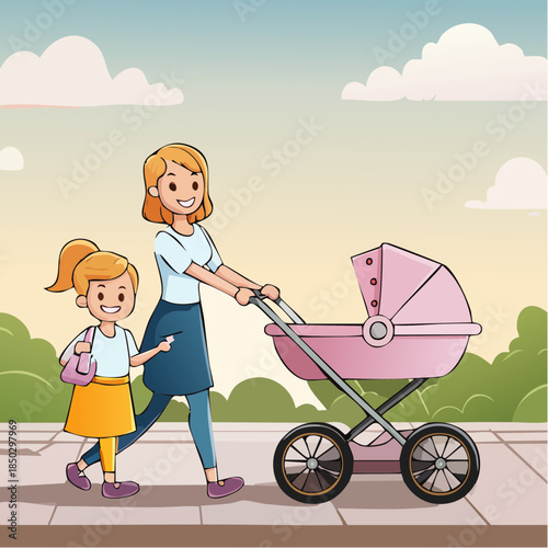 Vector Image:  Mother Pushing a Baby Carriage to Town with Her Little Girl 10