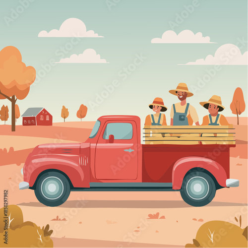 Vintage Red Truck Loaded with Farm Workers 16
