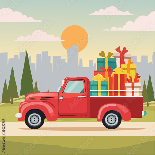 Vintage Red Truck Loaded with Colorful Gifts 19