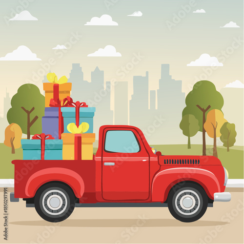 Vintage Red Truck Loaded with Colorful Gifts 18