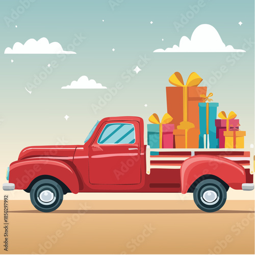 Vintage Red Truck Loaded with Colorful Gifts 20