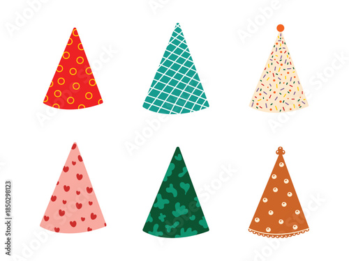 Vector illustration of festive birthday party hats for kids, anniversary celebrations, carnival events, and new year parties