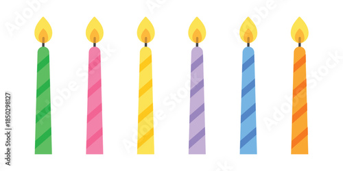 Happy birthday and holiday candle set. Vector collection of striped wax lights for carnival and party invitation design