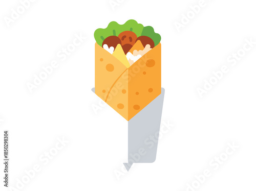 Tasty burrito wrapped in tortilla on white background