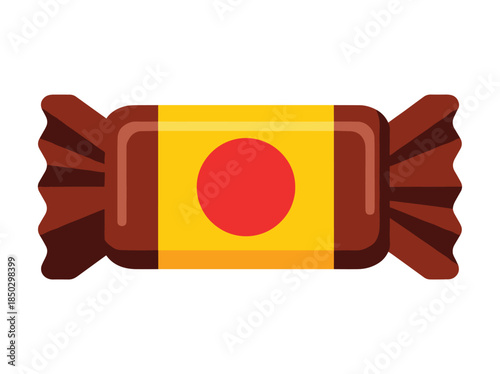 Chocolate candy with red circle on yellow wrapper