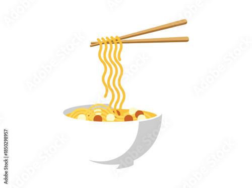 Noodles being lifted from bowl with chopsticks