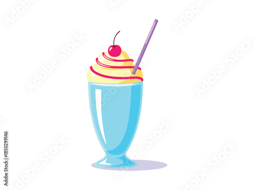 Blue milkshake with whipped cream and cherry on top