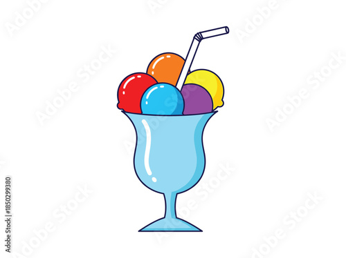Blue Ice Cream Sundae with Colored Scoops and Straw