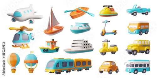 Cartoon air, marine and auto transport 3D plastic style vector icons set, car, bus, helicopter, airplane, ship and boat