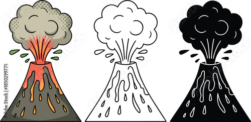 Erupting volcano silhouette & Outline and illustration set isolated on transparent background