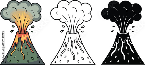 Erupting volcano silhouette & Outline and illustration set isolated on transparent background