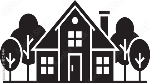 Black silhouette of a house with trees and a chimney home building