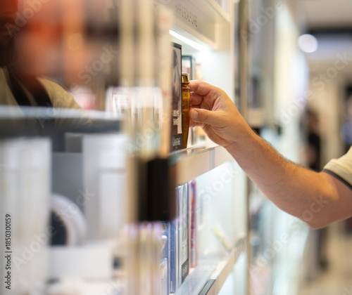 Profile view of bearded man shopping for perfume inside airport. High quality photo
