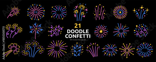 Colorful Doodle Сonfetti Firecracker Icon Kit. Bright Hand Drawn Celebrate Firework Element Bundle in Black Background. Yellow Line Vector Illustration Set