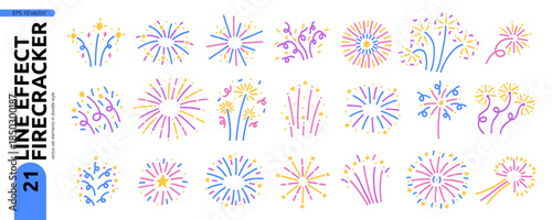 Colorful Doodle Сonfetti Firecracker Element Kit. Hand Drawn Celebrate Firework Icon Bundle in White Background. Line Vector Illutration Set