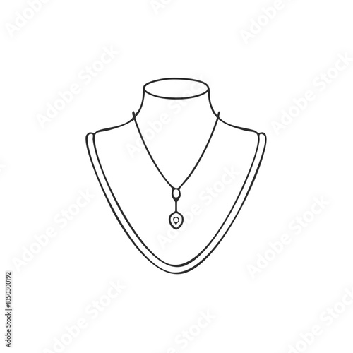 Elegant necklace on mannequin bust for jewelry display showcases, minimal line art drawing for fashion and beauty designs and promotions